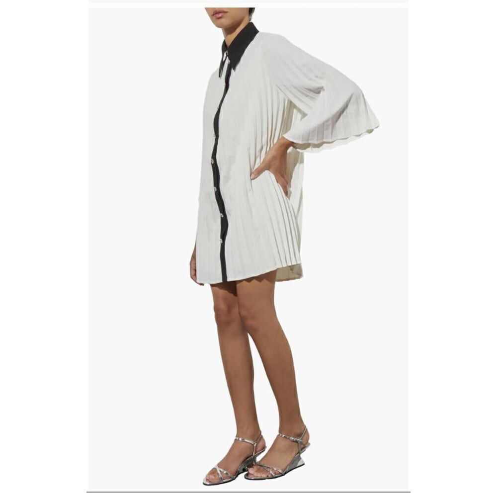 NEW Ming Wang Mini Pleated Shift Dress Contrast Trim Crepe de Chine White Medium - Picture 2 of 6